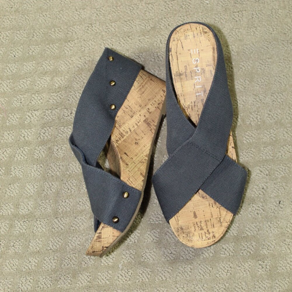 Esprit Wm Sz 10 Wide Blue X-Strap Elastic Studded Cork Wedge Platform Heels